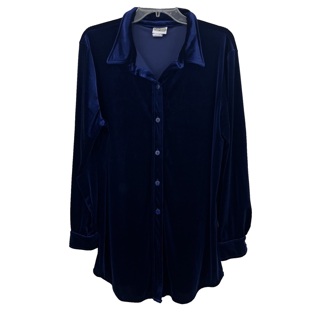 VTG Collections Etc Women's Velvet Button Up Blouse Size L Blue Long Sleeve USA
